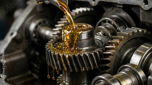 Industrial machine oil pouring onto complex metal gears and bearings inside a heavy mechanical engine assembly in a dark workshop environment