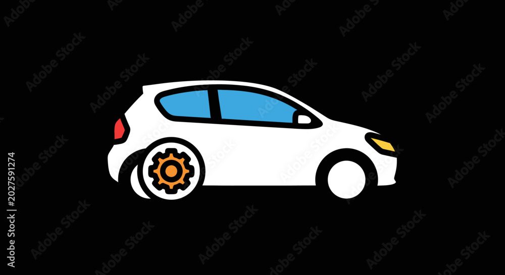 Fototapeta premium White car with gear wheel on black.