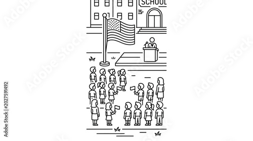 Tableau sur toile Children Pledge Allegiance to American Flag at School Assembly.