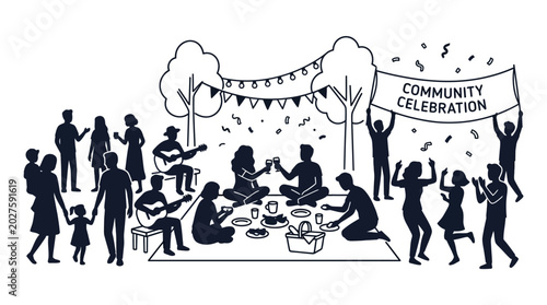 Community celebration gathering illustration with people picnicking and dancing.