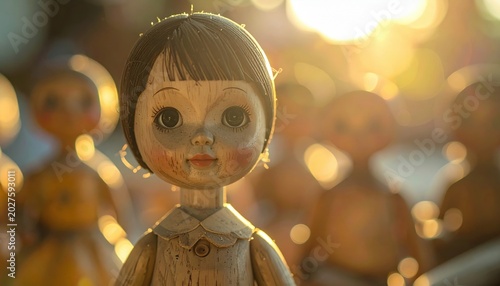Close-up of a wooden doll with bokeh background
