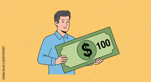 Smiling man holding a large $100 bill.