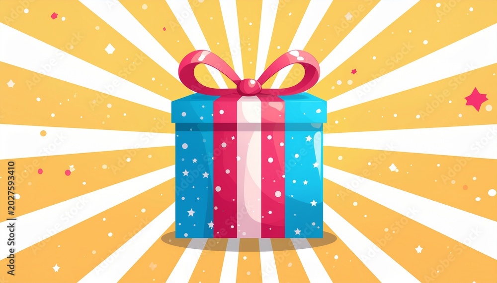Obraz premium A beautifully wrapped gift box with a big ribbon bow on top, set against a bursting dynamic sunburst ray background with confetti, perfect for celebrations.