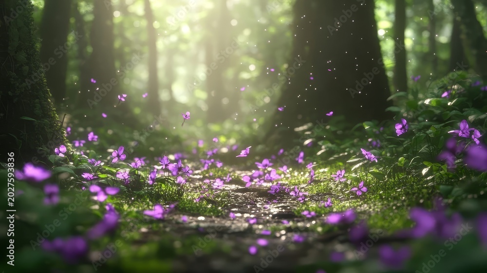 Fototapeta premium Enchanting forest path filled with blooming purple wildflowers under the soft warmth of golden sunlight through tree canopies