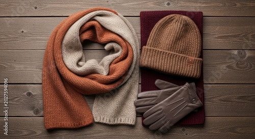 Artfully Arranged Winter Essentials: Knitwear and Leather on a Rustic Wooden Background