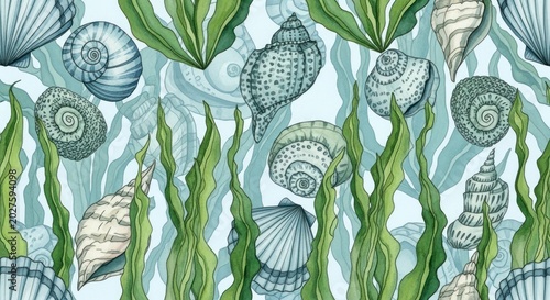 Delicate Watercolor Seashells Drifting Through a Lush Kelp Forest Illustration