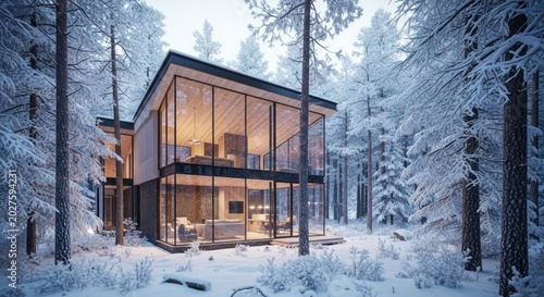 Luminous Glass Sanctuary Glowing Amidst a Serene, Snow-Blanketed Winter Forest.