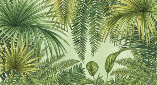 Lush Botanical Illustration of Layered Tropical Palm and Fern Leaves