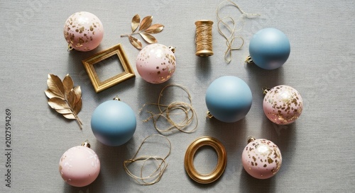Stylish Flat Lay of Pastel Pink, Blue, and Gold Christmas Ornaments on Textured Grey