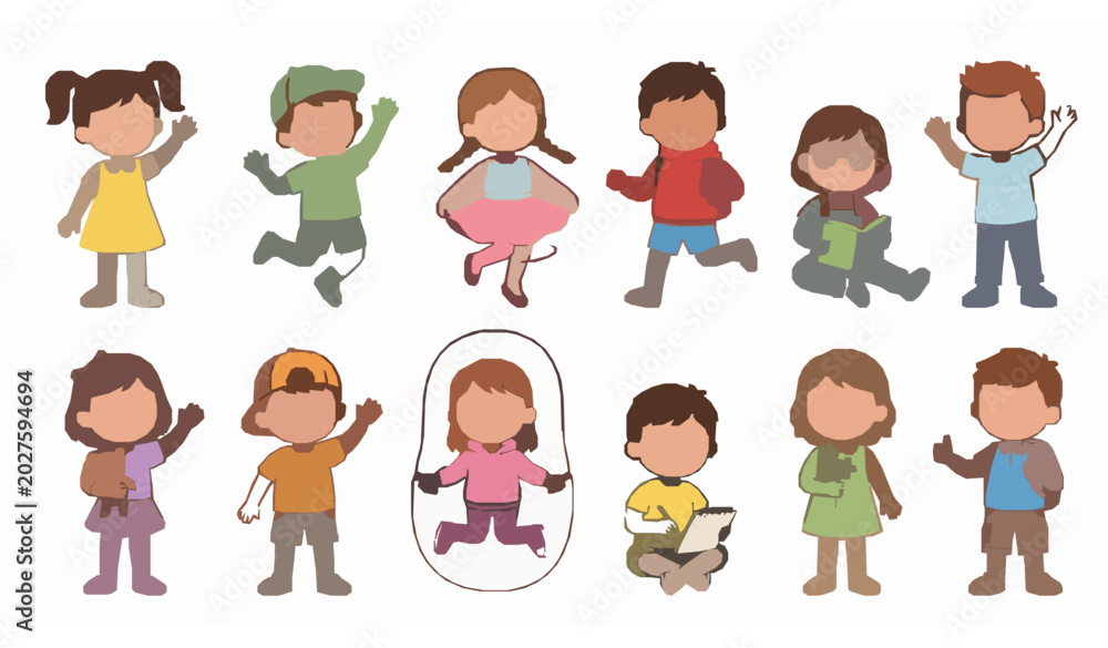 Fototapeta premium Funny Cartoon Boys and Girls Sticker Collection Vector Set for Children Illustration