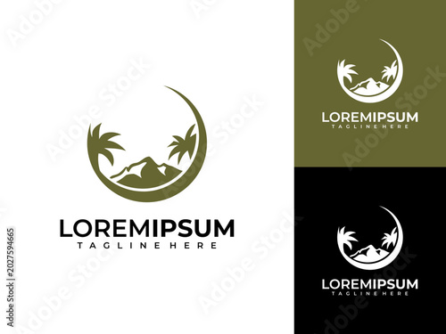 Foto Modern logo design featuring a crescent moon with palm trees and mountains, idea