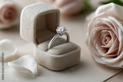 Cat sitting alone with diamond ring on velvet box