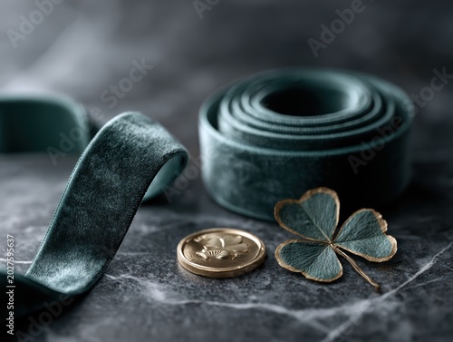 Deep forest green velvet ribbon on dark slate marble with gold coin and pressed clover