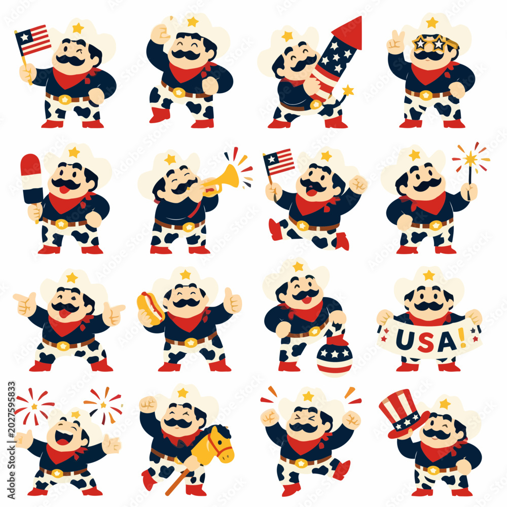Obraz premium Cute cartoon cowboy characters set celebrating Independence Day with American flags and fireworks on a white background with bright festive colors feeling patriotic and joyful.