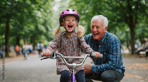 Joyful young girl wearing a pink helmet laughs while riding a bicycle with her grandfather in a park on a sunny day