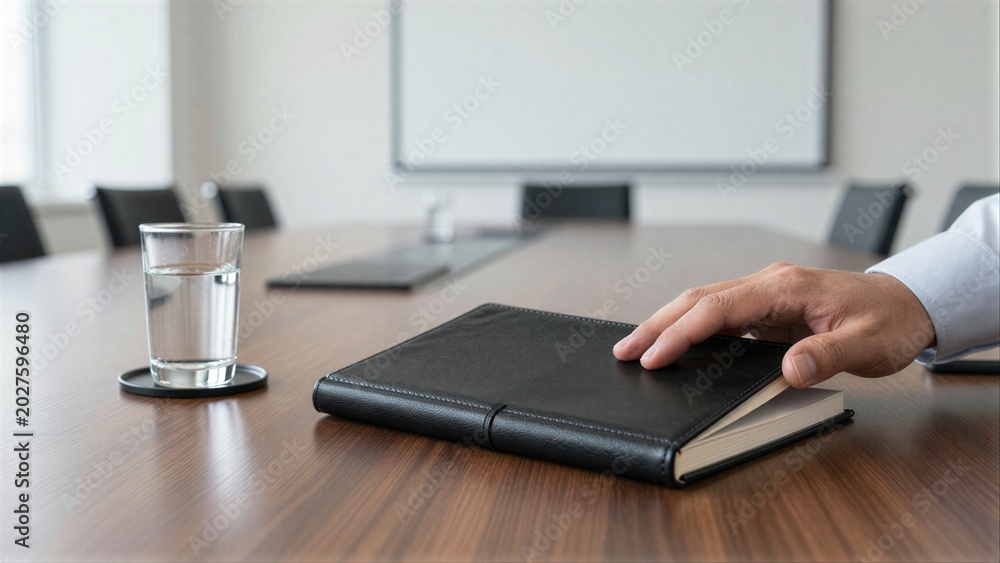 Fototapeta premium Hand rests on black folder atop wooden conference table glass of