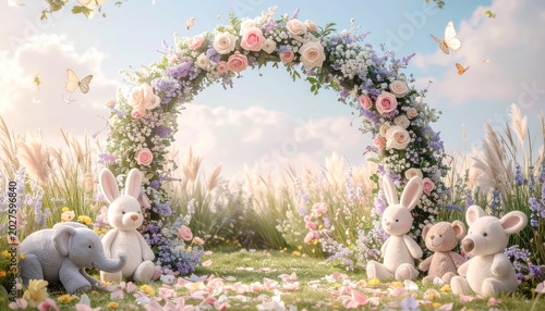 Enchanting Floral Archway with Plush Animal Friends in a Dreamy Landscape.