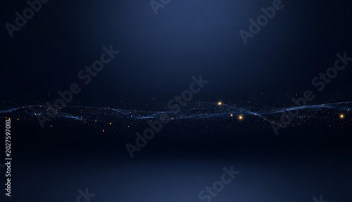 Abstract Digital Wave of Glowing Particles Flowing on a Dark Blue Technology Background