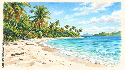Idyllic tropical beach with clear blue water and palm trees blue sky tropical