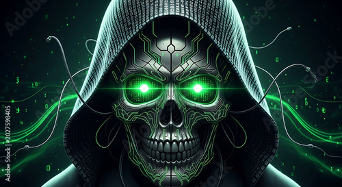 A skeletal-looking head, characterized by elements reminiscent of hacker culture and cyberpunk aesthetics. Composed of metal plates, integrated circuits, and lines that simulate electronic wiring.
