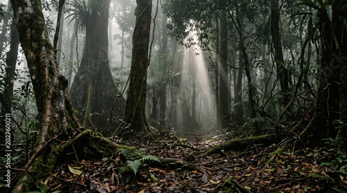 Misty Rainforest Interior with Sunrays Through Canopy and Moss