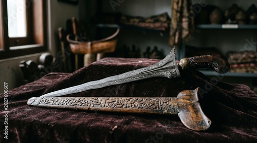 Ornate Ceremonial Daggers and Kris Blades Displayed on Velvet Cloth