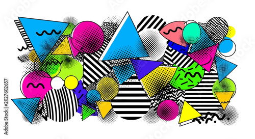 Retro Memphis Pattern: Colorful Geometric Shapes Collage