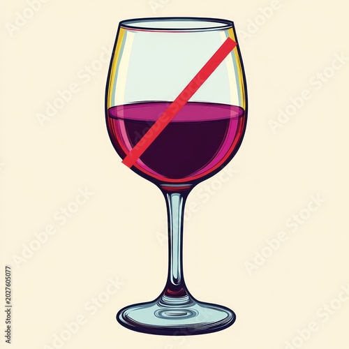 Wine glass half-filled with red wine crossed by a bold red diagonal slash conveying prohibition and caution
