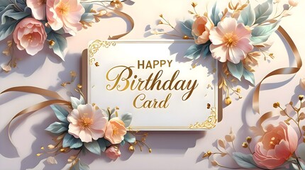 Happy birthday card with flowers and ribbons on a pink background, elegant floral anniversary invitation greeting layout backdrop banner