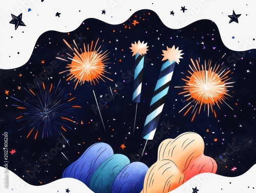 whimsical celebratory scene: night sky with orange and blue fireworks bursts, two striped rocket fountains, colorful rounded foreground clouds and wavy starry border