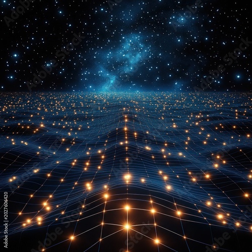 Wavy blue digital grid with glowing orange nodes stretching toward a starry cosmic horizon, evoking futuristic awe and mystery