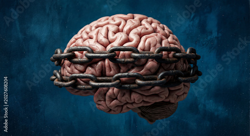 Human brain bound by heavy rusty iron chains against a dark blue grunge background representing mental restriction.