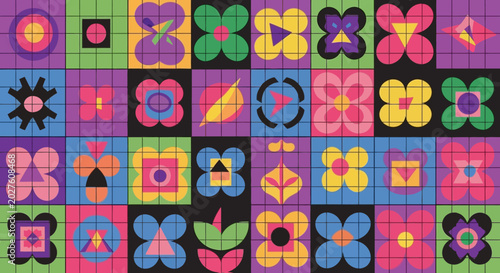 Retro graphic pattern with abstract flowers and geometric shapes