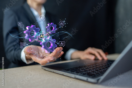 Businessperson holding futuristic AI gear system for automation and optimization