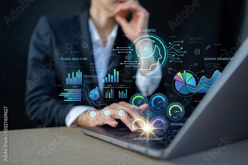 Businesswoman analyzing global data flow and AI insights on laptop dashboard