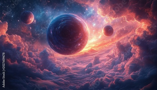 Majestic dark planet and two smaller planets above a glowing sea of pink and purple clouds under a radiant starry nebula, evoking awe and wonder