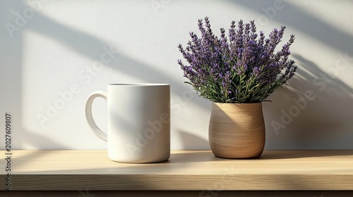 white ceramic mug beside potted lavender in a wooden pot on a light wood shelf bathed in soft sunlight and calm morning shadows