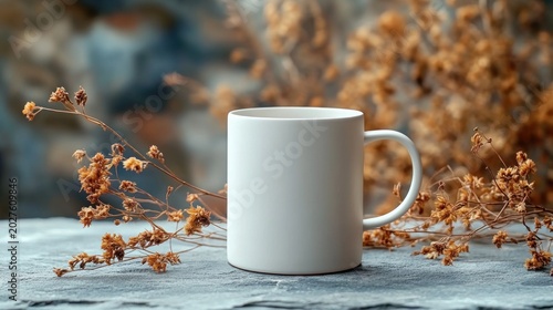 white ceramic mug on textured surface surrounded by dried brown wildflowers in soft natural light, calm cozy minimalist still life mood