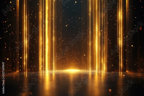 golden vertical light beams and glittering particles reflected on a dark glossy floor, warm radiant glow conveying wonder and elegant celebration