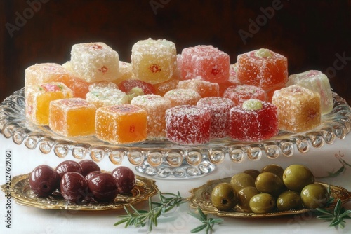 glass pedestal with colorful sugar-dusted jelly cubes on crystal platter, two ornate plates of dark and green olives with rosemary sprigs on white cloth, inviting elegant dessert display