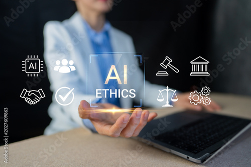 Obraz na płótnie Businesswoman Presenting AI Ethics and Regulation Icons for Responsible Technolo