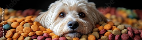 white dog paws on a mound of colorful dry pet kibble conveying playful anticipation and hunger