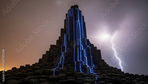 Blue-lit basalt columns under a stormy sky with a powerful lightning strike. A dramatic display of nature's raw geological power and atmospheric forces