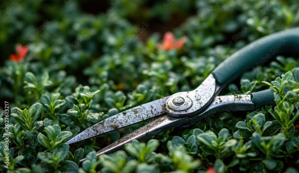 Obraz premium Pruning shears resting on damp green shrubs with soil-speckled blades and tiny orange blooms, close-up conveying quiet, satisfied gardening calm