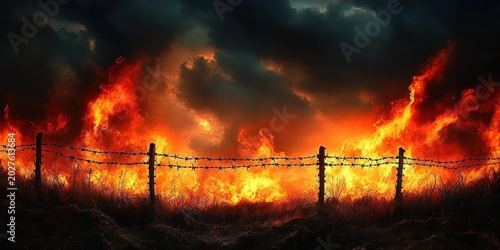 barbed wire fence silhouetted against a raging grass fire with towering orange flames and dark storm clouds, intense and apocalyptic