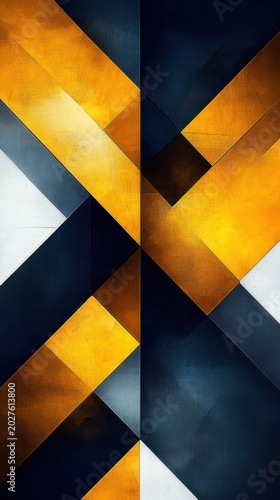 dynamic geometric abstract featuring intersecting gold, navy, and white diagonal bands forming a cross with metallic textures and bold modern energy