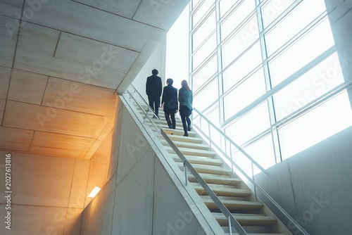 Three professionals ascending a bright modern stairwell beside a tall glass window, determined stride and hopeful upward movement in a minimalist concrete interior