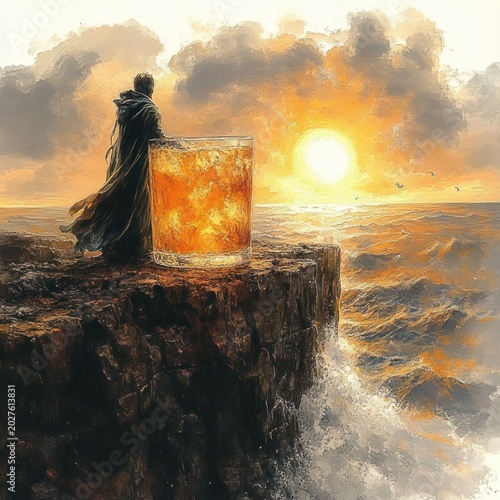 Solitary cloaked figure beside a giant amber glass on a rocky cliff overlooking turbulent sea at golden sunset, contemplative and wistful mood