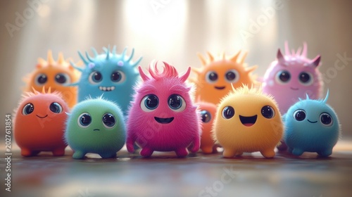 Row of small colorful fluffy round creatures with big sparkling eyes and smiling faces, varied colors (pink, blue, orange, yellow, green), playful and joyful in warm soft light