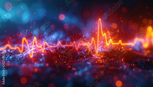 Vibrant Neon Sound Wave Pulse with Cosmic Bokeh Lights.